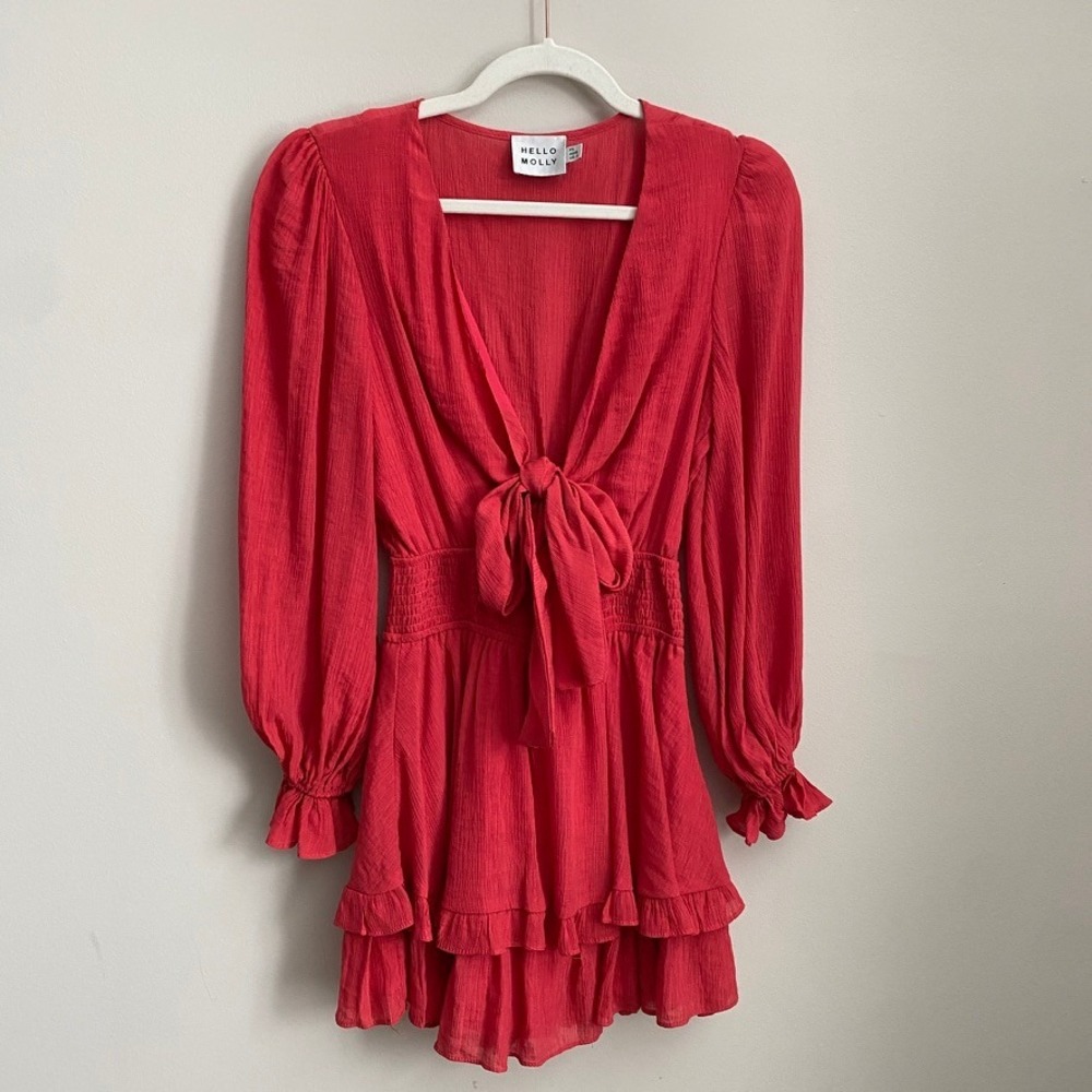 Hello Molly Red Ruffle Bow Front Mini Dress Womens 2 Long Sleeve Cutout Smocked